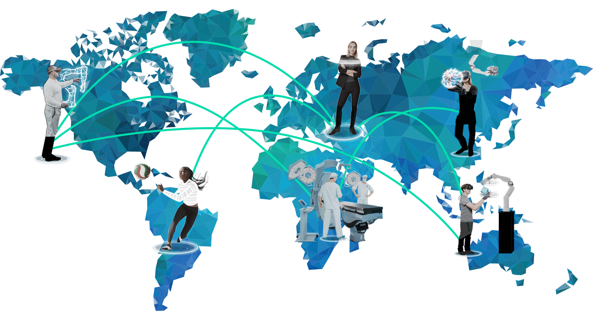 Worldmap with different people who are doing different activities being connected around the globe