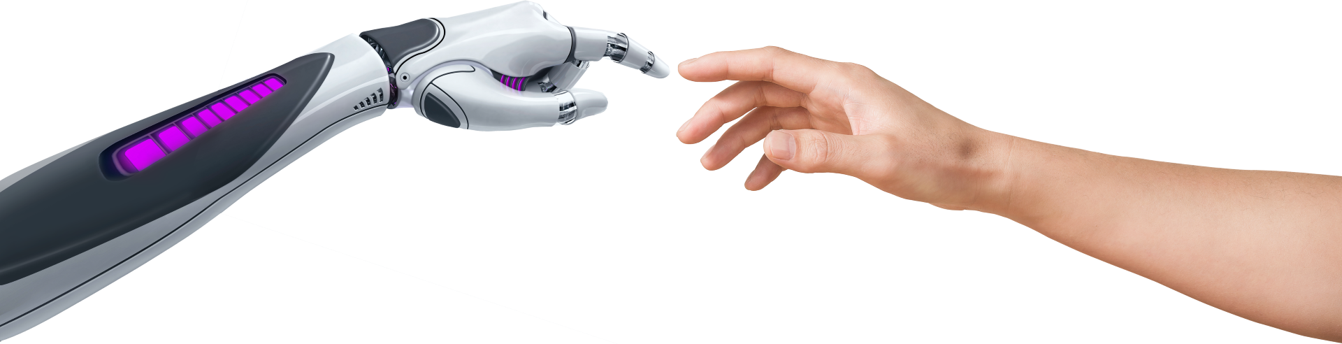 A robotic and a human hand reaching towards each other and almost touching