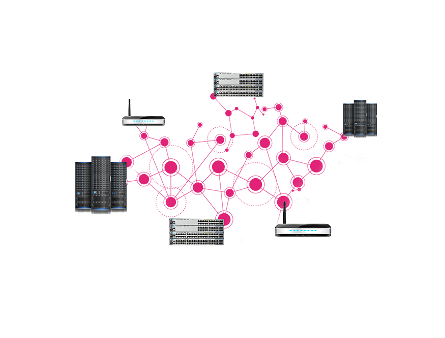 Graphic showing servers and routers as a part of a network