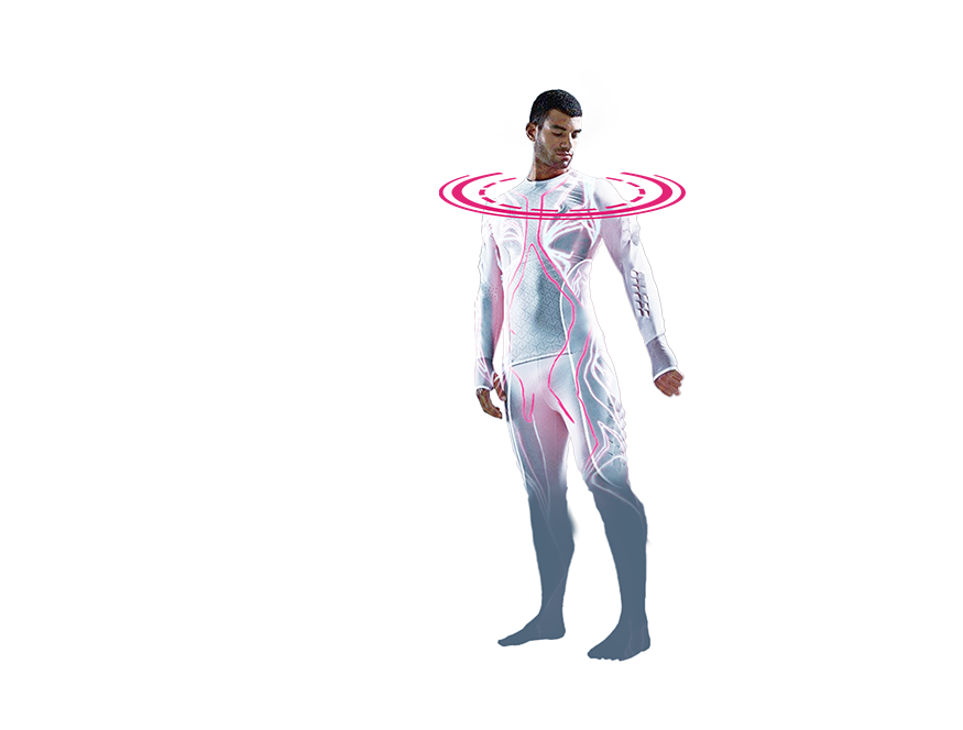 Ein Mann in weißer Kleidung, mit einem magentafarbenen Kreis, der ihn in Schulterhöhe umgibt, und magentafarbenen Linien, die über seinen Körper verlaufen