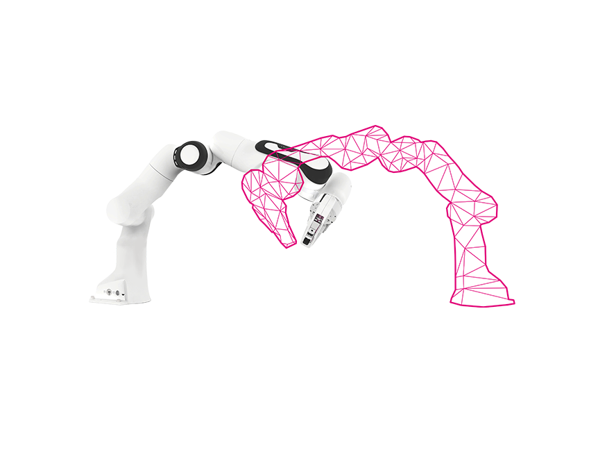 A robotic arm and a similar looking computer-designed robotic arm intersecting