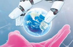 Roboterhand und eine menschliche Hand, die gemeinsam die Erde stützen