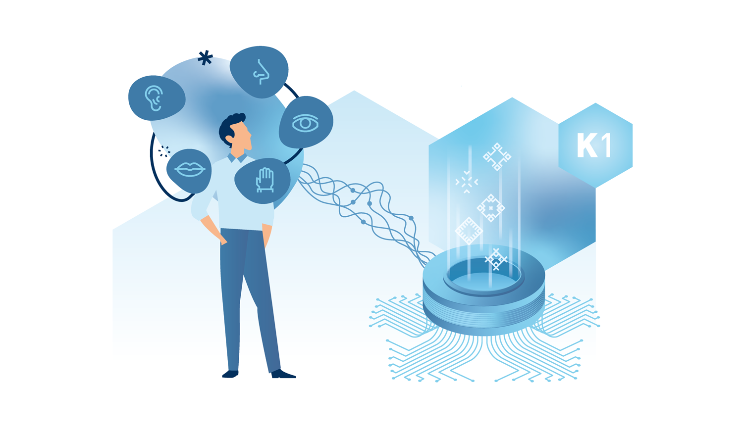 Blue graphic illustration depicting a person with circles formed by the five senses around their head. The person is connected to a source that transmits data.