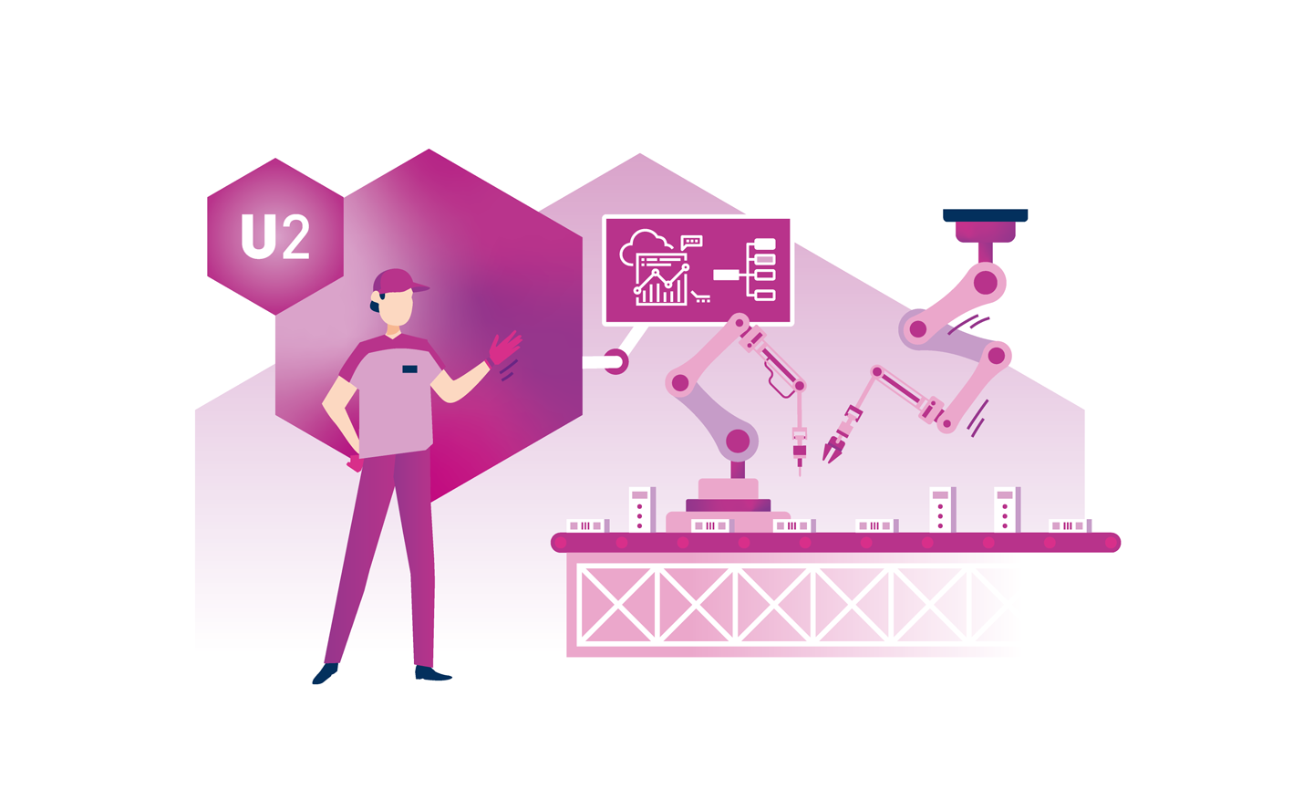 Purple and magenta graphic illustration depicting a man next to a table with two robotic arms