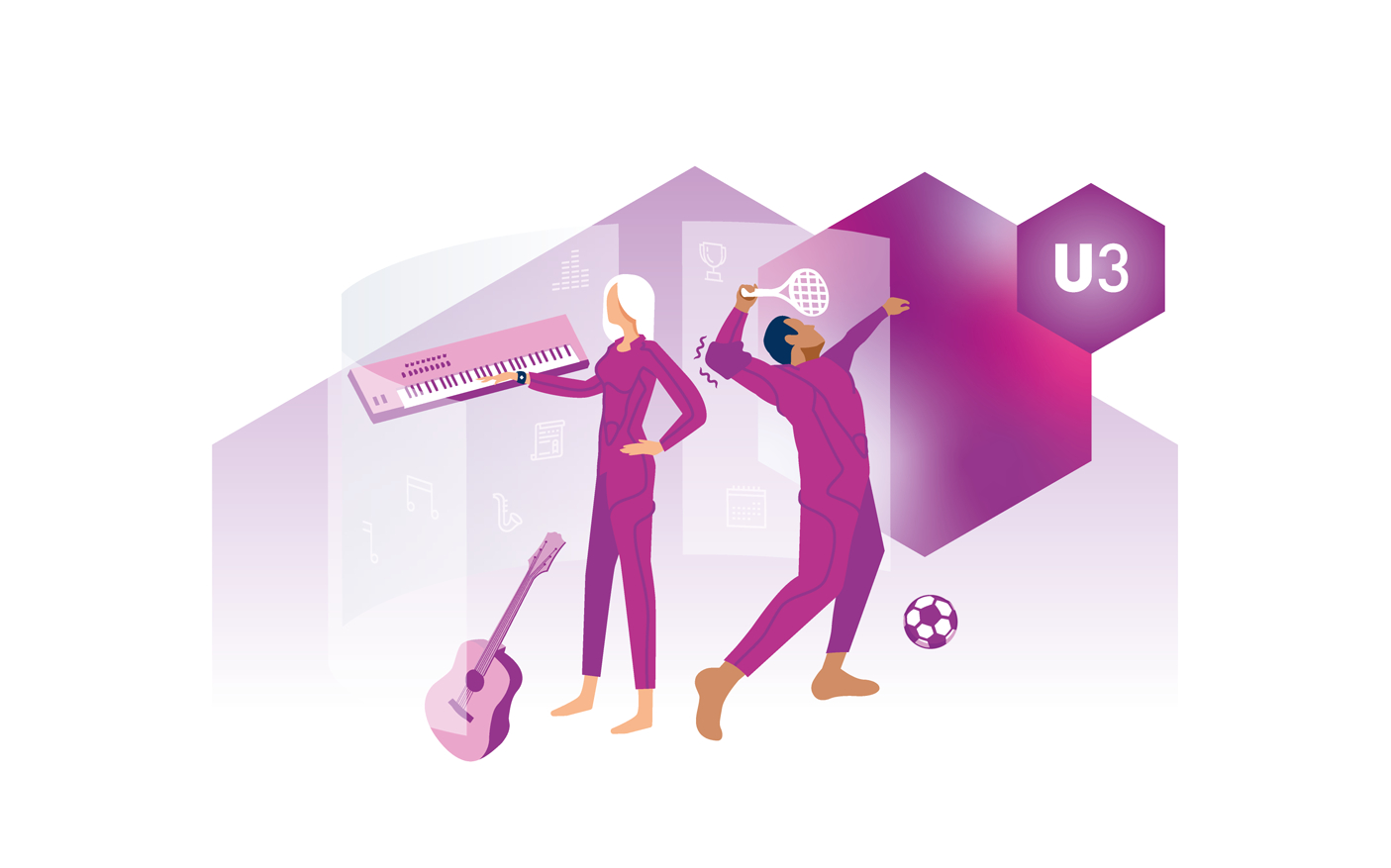 Purple and magenta graphic illustration depicting two people engaging in different activities