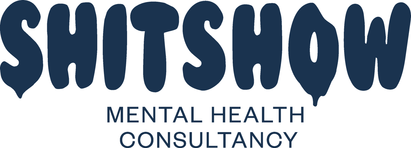 Picture of a cover with blue writing 'Shitshow Mental health Consultancy'.